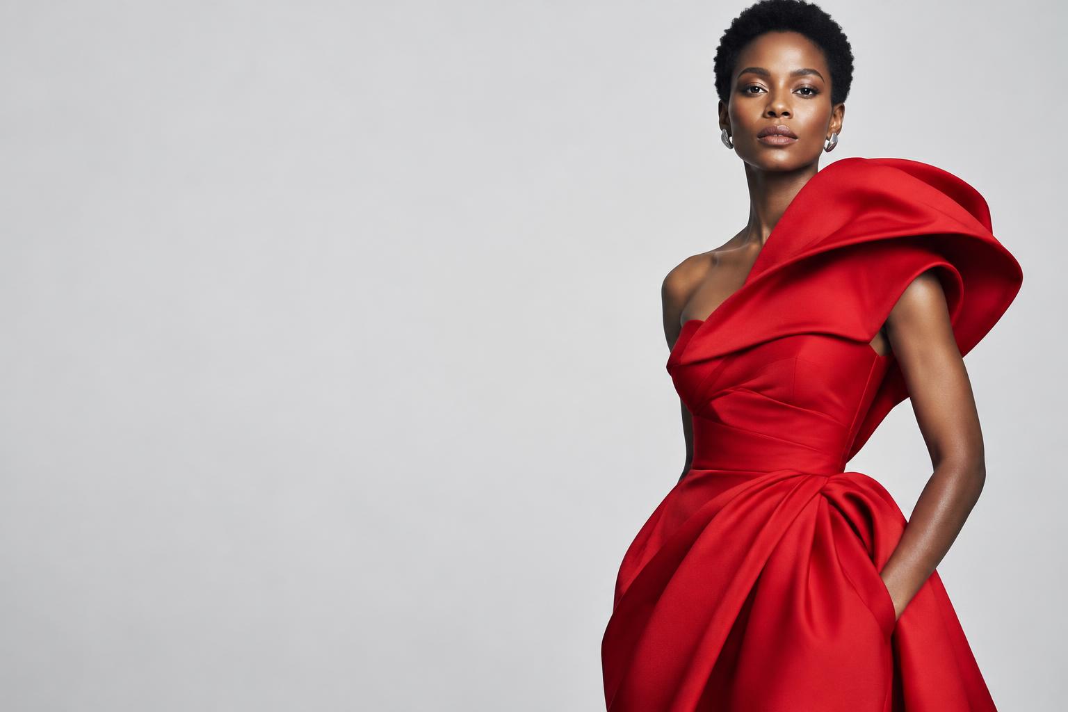 Fashion model in a sculptural red couture gown